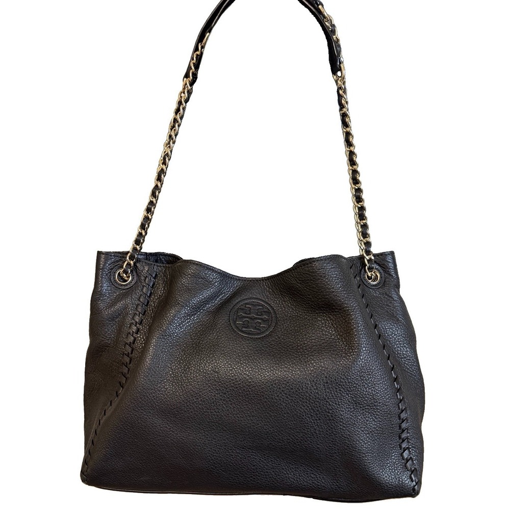 Tory Burch Marion Slouchy Black Soft Pebbled Leather Shoulder Bag Chain Strap